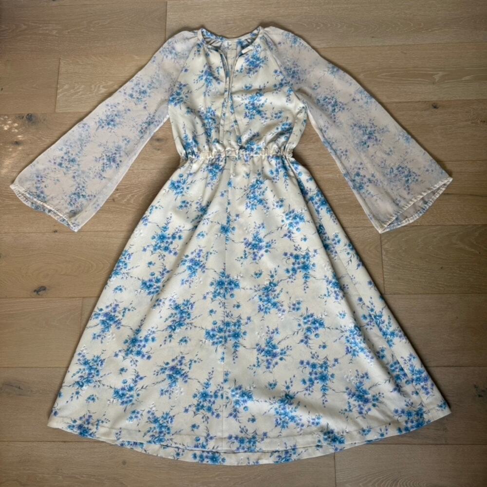 Handmade Vintage Cottagecore Blue Floral Bell Sleeve Prairie Dress